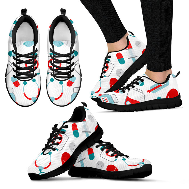 White Mesh Nurse Sneaker 10 With Teal/Red Medical Symbols