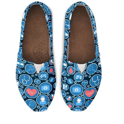 Blue Canvas Nurse Flats 3 With Blue-White Medical Icons