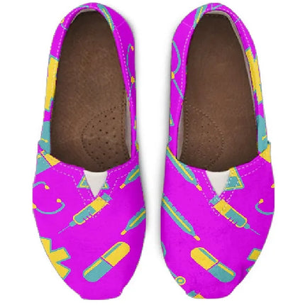 Women's Fuchsia Canvas Nurse Flats 2 With Yellow-Teal Medical Motif