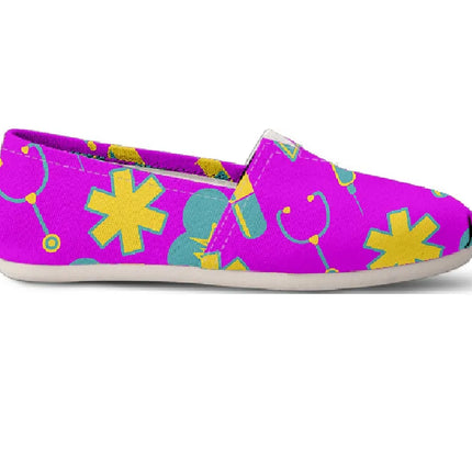 Women's Fuchsia Canvas Nurse Flats 2 With Yellow-Teal Medical Motif