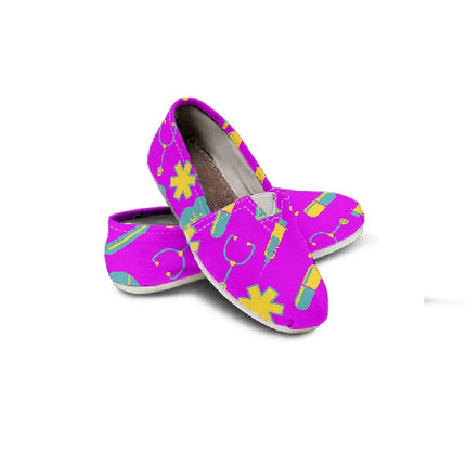 Women's Fuchsia Canvas Nurse Flats 2 With Yellow-Teal Medical Motif