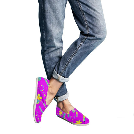 Women's Fuchsia Canvas Nurse Flats 2 With Yellow-Teal Medical Motif