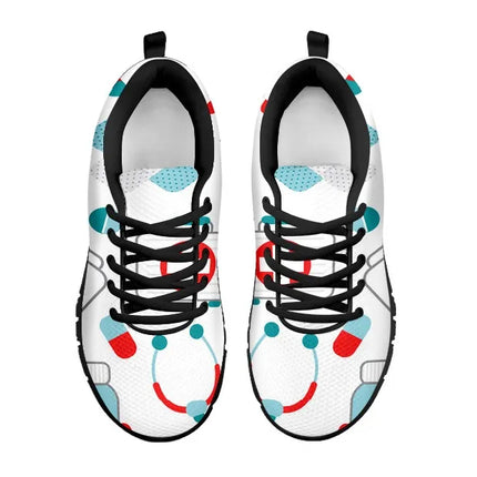 White Mesh Nurse Sneaker 10 With Teal/Red Medical Symbols