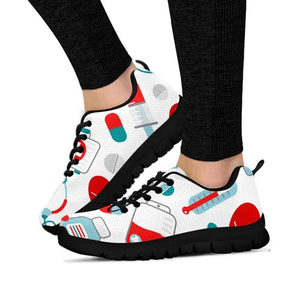 White Mesh Nurse Sneaker 10 With Teal/Red Medical Symbols