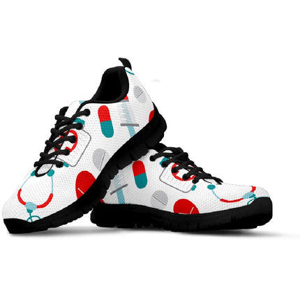 White Mesh Nurse Sneaker 10 With Teal/Red Medical Symbols