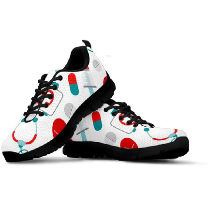 White Mesh Nurse Sneaker 10 With Teal/Red Medical Symbols