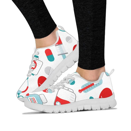 White Mesh Nurse Sneaker 10 With Teal/Red Medical Symbols