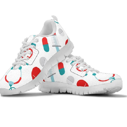 White Mesh Nurse Sneaker 10 With Teal/Red Medical Symbols