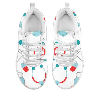 White Mesh Nurse Sneaker 10 With Teal/Red Medical Symbols
