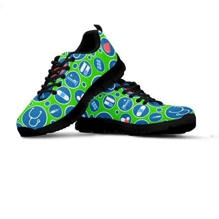 Women's Aqua Green Mesh Nurse Sneakers 3 With Blue-White Medical Icons