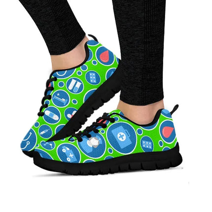 Women's Aqua Green Mesh Nurse Sneakers 3 With Blue-White Medical Icons