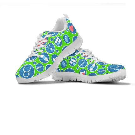 Women's Aqua Green Mesh Nurse Sneakers 3 With Blue-White Medical Icons