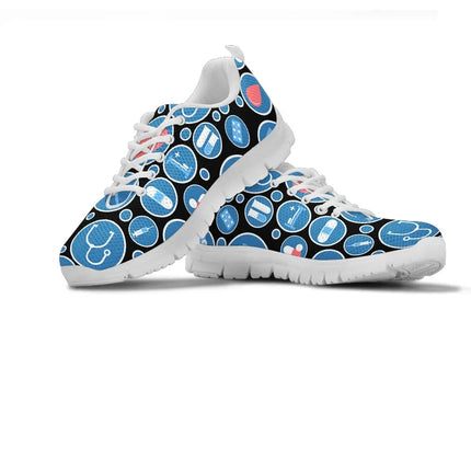 Women's Black Mesh Nurse Sneakers 3 With Blue-White Medical Icons