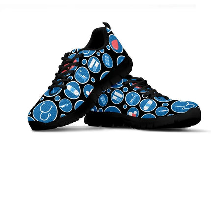 Women's Black Mesh Nurse Sneakers 3 With Blue-White Medical Icons