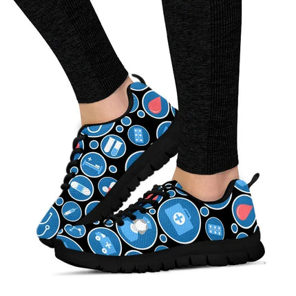 Women's Black Mesh Nurse Sneakers 3 With Blue-White Medical Icons