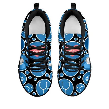 Women's Black Mesh Nurse Sneakers 3 With Blue-White Medical Icons