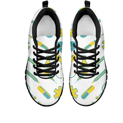 Women's White Mesh Nurse Sneakers 2 With Yellow-Teal Medical Motif