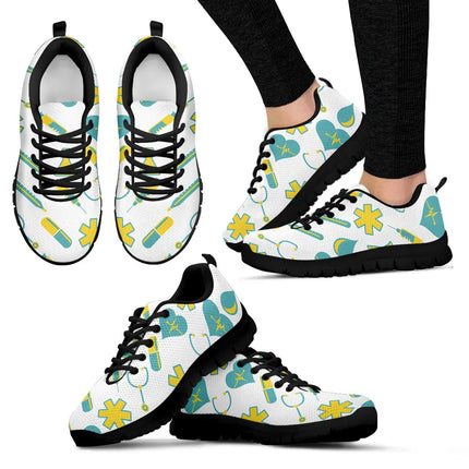 Women's White Mesh Nurse Sneakers 2 With Yellow-Teal Medical Motif