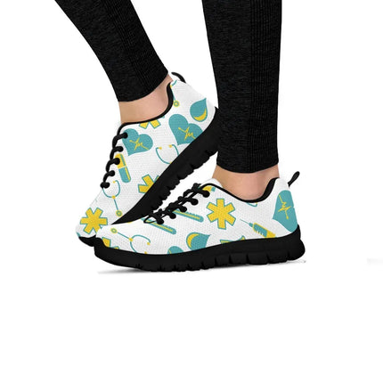 Women's White Mesh Nurse Sneakers 2 With Yellow-Teal Medical Motif