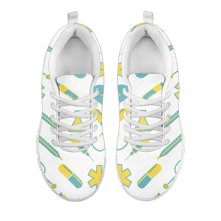 Women's White Mesh Nurse Sneakers 2 With Yellow-Teal Medical Motif