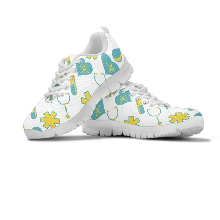 Women's White Mesh Nurse Sneakers 2 With Yellow-Teal Medical Motif