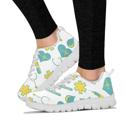 Women's White Mesh Nurse Sneakers 2 With Yellow-Teal Medical Motif