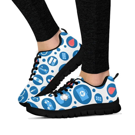 Women's White Mesh Nurse Sneakers 3 With Blue-White Medical Icons