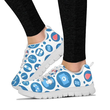 Women's White Mesh Nurse Sneakers 3 With Blue-White Medical Icons