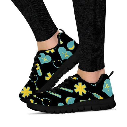 Women's Black Mesh Nurse Sneakers 2 With Yellow-Teal Medical Motif