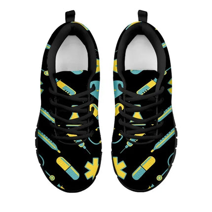 Women's Black Mesh Nurse Sneakers 2 With Yellow-Teal Medical Motif