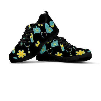 Women's Black Mesh Nurse Sneakers 2 With Yellow-Teal Medical Motif