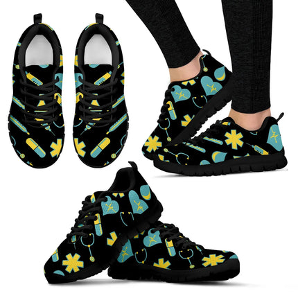Women's Black Mesh Nurse Sneakers 2 With Yellow-Teal Medical Motif