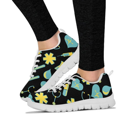 Women's Black Mesh Nurse Sneakers 2 With Yellow-Teal Medical Motif