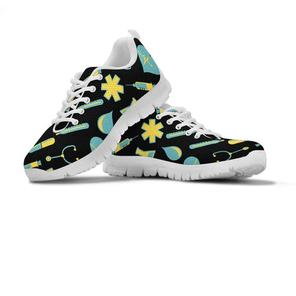 Women's Black Mesh Nurse Sneakers 2 With Yellow-Teal Medical Motif