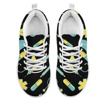 Women's Black Mesh Nurse Sneakers 2 With Yellow-Teal Medical Motif